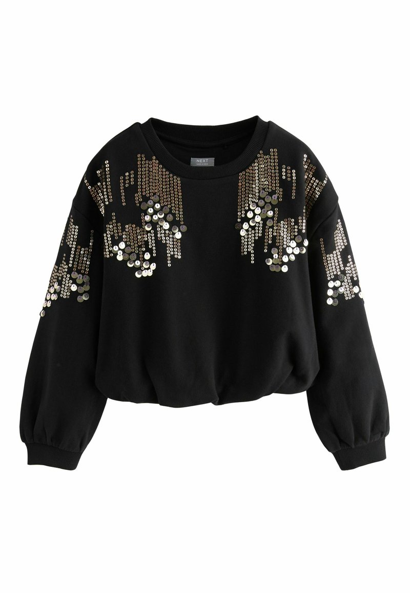 Svart kortärmad sweatshirt med detaljer av guld- och silverpaljetter i ett draperat mönster över framsidan och ärmarna. Mjuk, texturerad tyg.