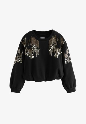Sweatshirt cropped negru, cu detalii din paiete aurii și argintii într-un model drapat pe partea din față și pe mâneci. Material moale, texturat.