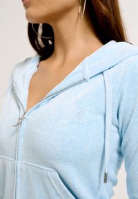 Felpa con cappuccio azzurro chiaro con zip in tessuto morbido, caratterizzata da una cerniera argentata, logo ricamato sul petto e coulisse con punte argentate.