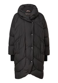 Czarna kurtka puchowa z wysokim kołnierzem, z pikowanym wzorem w zygzak, z guzikami z przodu i dzianinowymi mankietami. Lekka i oversize.