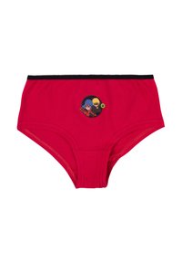 Slip rossi per bambini con bordo in nero in vita e grafica centrale di due supereroi dei cartoni animati che indossano maschere e costumi.