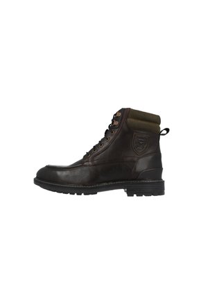 Braune Leder-Stiefeletten mit einem strukturierten grünen Stoffkragen, metallenen Ösen und einer strapazierfähigen Gummisohle. Logodetail an der Seite.