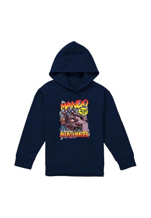 Navy blue hoodie with graphic of armored bounty hunter riding a speeder, text reads "The Mando Legendary Bounty Hunter."