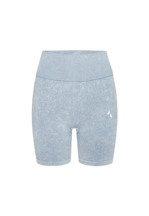 Svetlomodré krátke legíny s textúrovanou látkou, vysokým rebrovaným pásom a malým bielym logom na dolnej pravej nohe.
