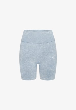 Svetlomodré krátke legíny s textúrovanou látkou, vysokým rebrovaným pásom a malým bielym logom na dolnej pravej nohe.