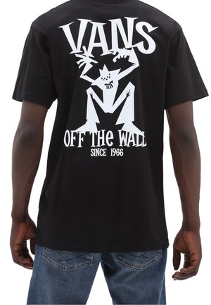 Czarny t-shirt z białym logo Vans, stylizowaną kucającą postacią i napisem "Off The Wall Since 1966" na plecach.