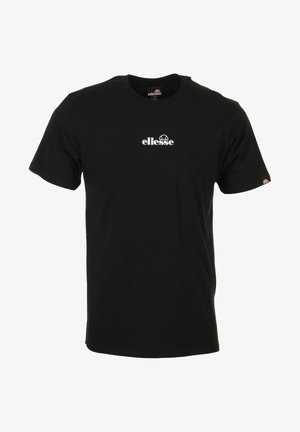 Sort bomulds t-shirt med korte ærmer, rund hals og hvid "ellesse" logo printet på forsiden. Blød tekstur og klassisk pasform.