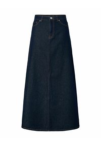 Mørkeblå denim A-formet nederdel med bæltestropper, frontknap og lommer, der går til midt på læggen.