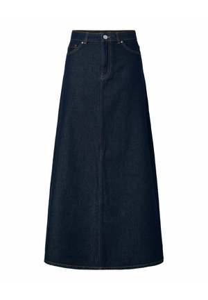 Jupe en denim bleu foncé coupe trapèze avec passants de ceinture, bouton sur le devant et poches, longueur mi-mollet.