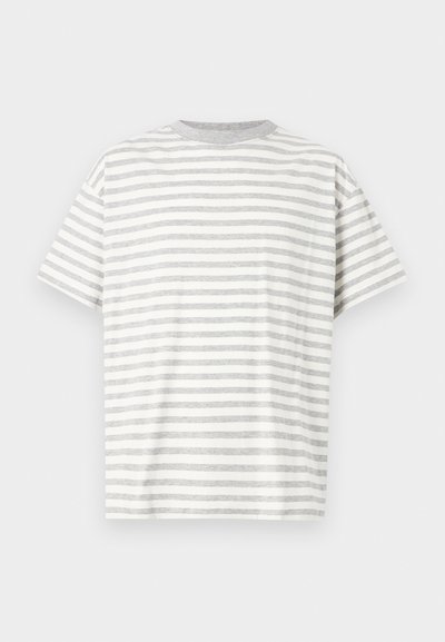 Cotton t-shirt featuring horizontal gray and white stripes, round neckline, short sleeves, and a relaxed, straight fit.