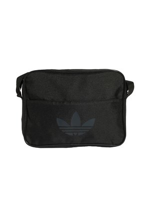 Sort rektangulær skuldertaske med Adidas trefoil-logo og justerbar rem, lynlåslomme foran, ensfarvet baggrund.