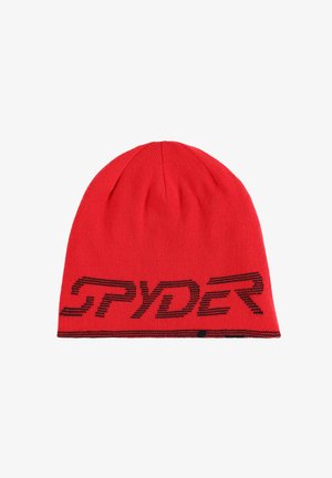 Bonnet en tricot rouge avec un logo noir affichant "SPYDER" à l'avant. Texture douce, forme arrondie et motif de côtes verticales.