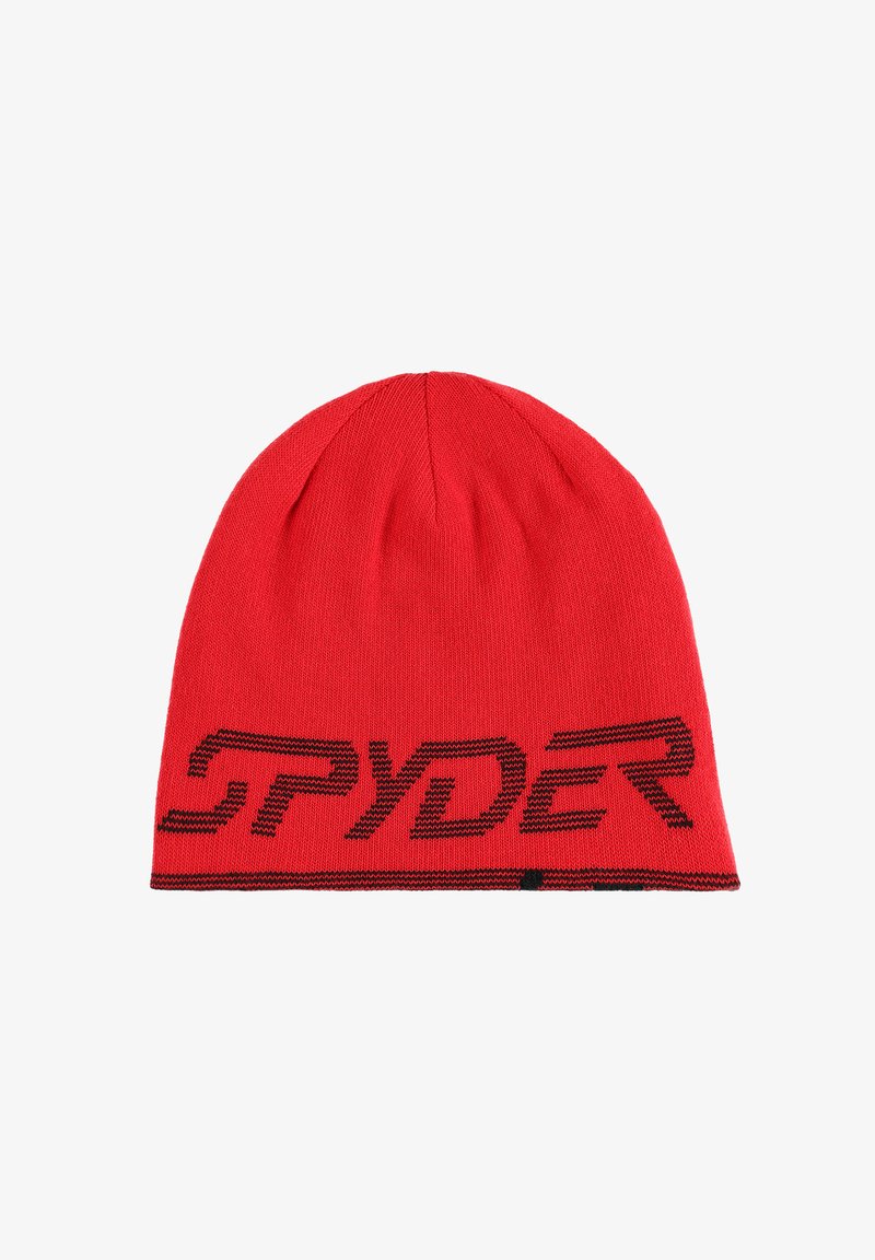 Rode gebreide muts met een zwart logo met de tekst "SPYDER" op de voorkant. Zachte textuur met een ronde vorm en een verticale ribbelpatroon.