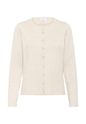Beige cardigan with long sleeves, round neckline, front button closure, and soft knit texture. Minimalist design, no patterns or accents.