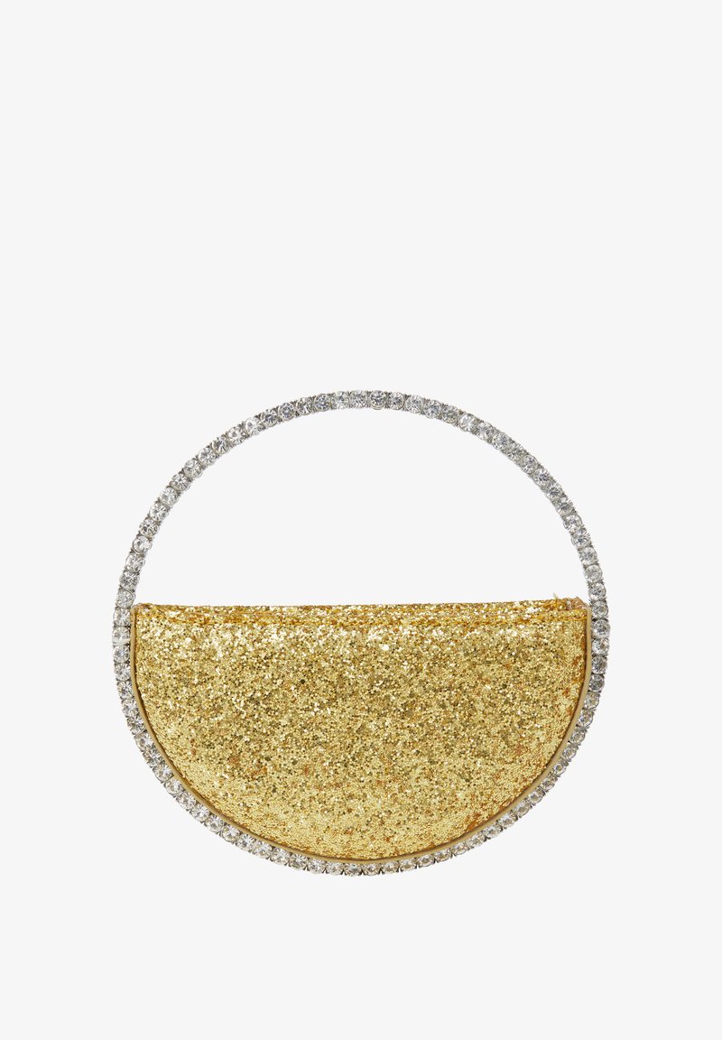 Arany csillámos clutch táska félkör alakú, csillogó ezüst kiemelésekkel díszített fogantyúval és textúrált csillámos felülettel.