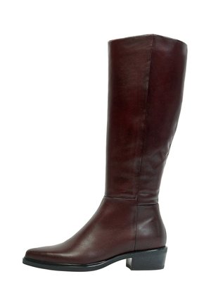 Botte haute en cuir brun foncé avec talon bas carré et bout carré arrondi, vue de côté sur fond blanc.