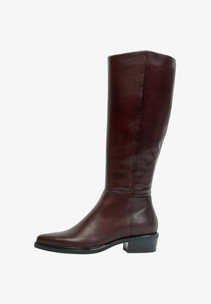 Botte haute en cuir brun foncé avec talon bas carré et bout carré arrondi, vue de côté sur fond blanc.