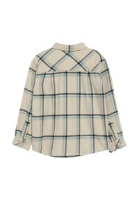 Beige geruite shirt met een donker marineblauwe en turquoise ruitpatroon, lange mouwen, knoopmanchetten en een klassieke kraag. Zachte stof textuur.