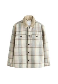 Karierte Flanellhemdjacke in Creme, Grau und Beige, mit einem weichen, strukturierten Kragen und zwei Brusttaschen mit schwarzen Knöpfen.