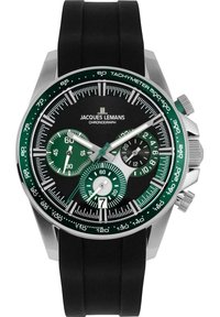 Schwarze Gummiband-Uhr mit Edelstahlgehäuse und dunklem Zifferblatt. Verfügt über einen grünen Tachymeter, drei Ziffernblätter und leuchtende Zeiger.