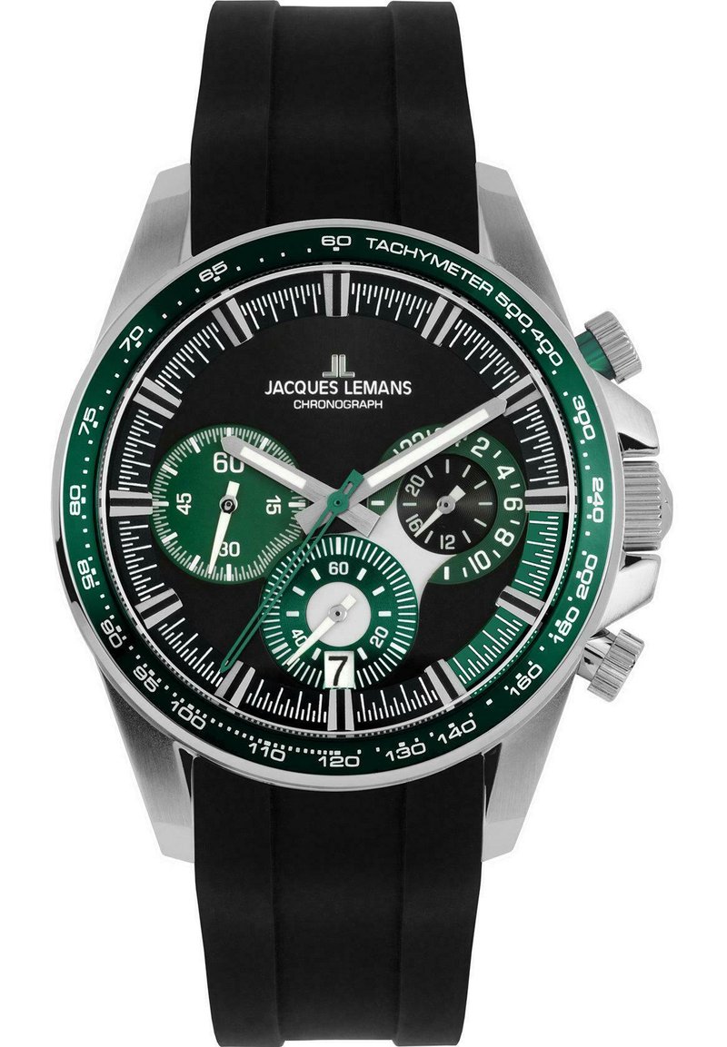 Schwarze Gummiband-Uhr mit Edelstahlgehäuse und dunklem Zifferblatt. Verfügt über einen grünen Tachymeter, drei Ziffernblätter und leuchtende Zeiger.