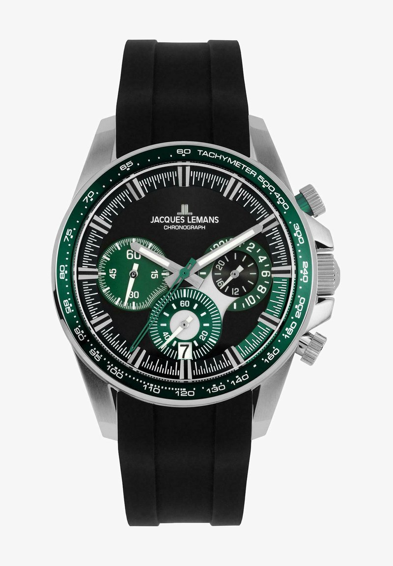 Schwarze Gummiband-Uhr mit Edelstahlgehäuse und dunklem Zifferblatt. Verfügt über einen grünen Tachymeter, drei Ziffernblätter und leuchtende Zeiger.
