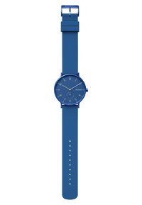 Orologio in silicone blu con quadrante rotondo abbinato, marker delle ore minimalisti, sottocrono e cinturino regolabile con più fori per la vestibilità.