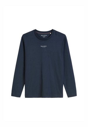 Navy blue long-sleeve shirt with round neck and small white "Marc O’Polo" logo printed at chest center.