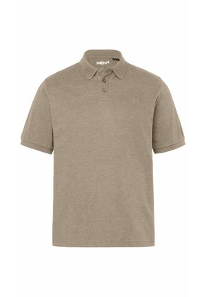 Polo beige de manga corta para hombre con tres botones y un pequeño logo bordado en el lado izquierdo del pecho.