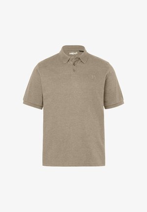 Polo beige da uomo a maniche corte con tre bottoni e piccolo logo ricamato sul petto a sinistra.