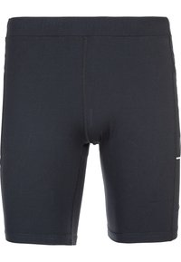 Svarta simshorts i elastiskt material, med en åtsittande design, slät textur och platta sömmar för komfort och hållbarhet.