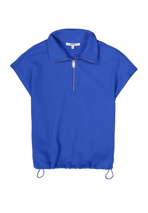 Blauer Pullover mit kurzem Arm, Stehkragen und vorderem Reißverschluss bis zur Hälfte. Verfügt über einen elastischen Saum mit Kordelzug. Hergestellt aus strukturiertem Stoff.