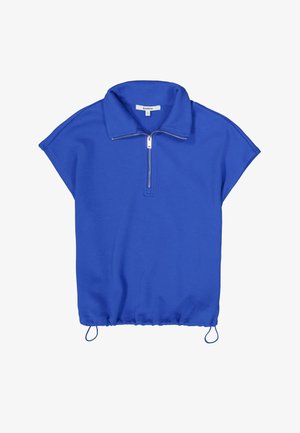Blauer Pullover mit kurzem Arm, Stehkragen und vorderem Reißverschluss bis zur Hälfte. Verfügt über einen elastischen Saum mit Kordelzug. Hergestellt aus strukturiertem Stoff.