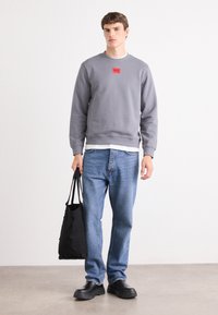 Sivá mikina s červeným logom, modré džínsy a čierna taška cez rameno. Model má na sebe čierne slip-on topánky. Hladká tkanina, voľný strih.