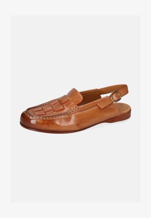 Brown leather slingback loafer with a woven front pattern and a gold buckle on the ankle strap, flat sole.