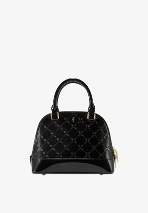 Czarna lakierowana torebka o strukturalnym kształcie, z tłoczonym wzorem w diamenty, złotymi akcentami oraz podwójnymi uchwytami u góry.