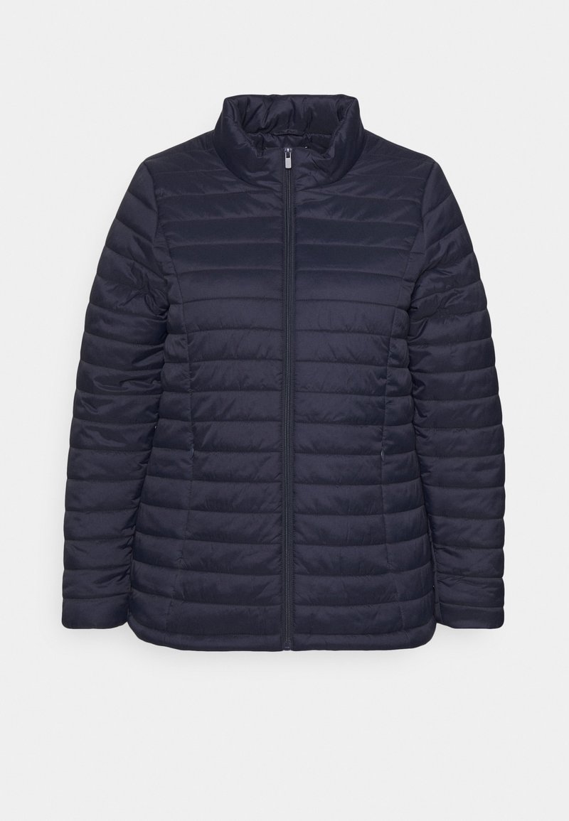 Navy Puffer-Jacke mit hohem Kragen, horizontal gequilteten Panelen, Reißverschluss vorne und einer glatten, wasserabweisenden Oberfläche.