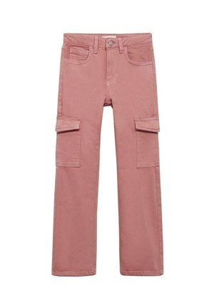 Pink bukser med lige ben med knap foran, bæltestropper, sidelommer med klap samt lommer foran og bagpå.