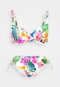 Flerfärgad blommig bikiniset med vadderad, underwire-top och justerbara sidband i botten, tillverkad av mjukt och elastiskt material.