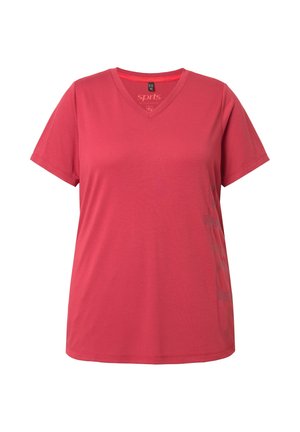 Väriltään kirkkaanpinkki, lyhythihainen v-pääntie-t-paita, valmistettu puuvillasta, jolla on sileä rakenne ja kevyt kiilto, vasemmalla puolella hillitty logopainatus.