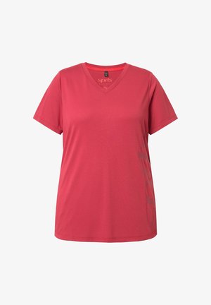 T-shirt a maniche corte con scollo a V in cotone rosa acceso, con texture liscia e leggero lucido, caratterizzata da una stampa logo sottile sul lato sinistro.