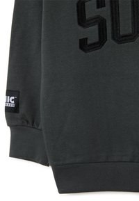 Sudadera gris oscuro con letras negras texturizadas. Presenta puños y cintura acanalados. Parche de logo en la manga. Material suave de mezcla de algodón.