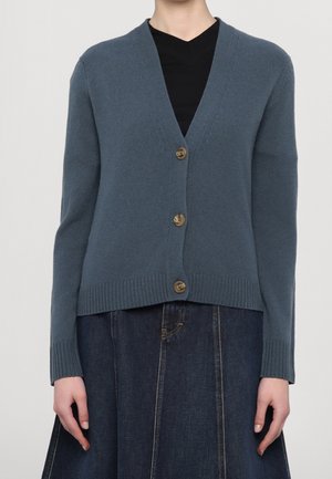 Person iført en blå knapcardigan over en sort top og et mørkt denimsæt, vist fra nakke til talje mod en hvid baggrund.