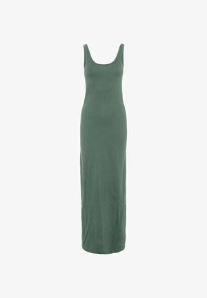 Robe sans manches, longue jusqu'au sol, ajustée, de couleur verte douce, avec un décolleté en V arrondi et un ourlet droit.