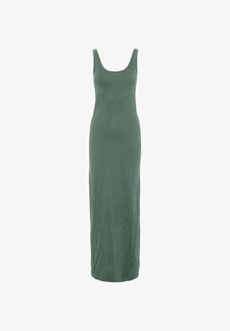 Robe sans manches, longue jusqu'au sol, ajustée, de couleur verte douce, avec un décolleté en V arrondi et un ourlet droit.