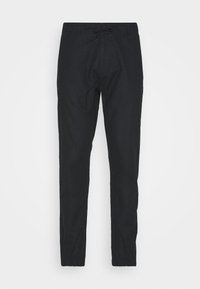 Schwarze Slim-Fit-Jogginghosen mit elastischen Bündchen und einem Kordelzug auf einem weißen Hintergrund.