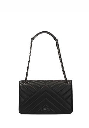 Black leather handbag with a quilted chevron pattern, featuring a chain strap and subtle logo detail. Smooth texture and rectangular shape.