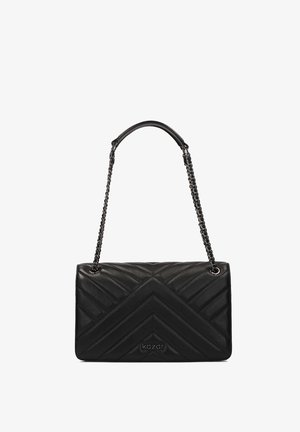 Must mustrukk kott, millel on tikitud kihi mustriga, varustatud ketiga rihmaga ja diskreetse logoga. Sujuv tekstuur ja ristkülikuline kuju.