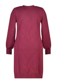 Bordeauxrode gebreide jurk met een chevronpatroon, lange mouwen, geribbelde manchetten en zoom. Ronde halslijn en een overal textuurstoffen.