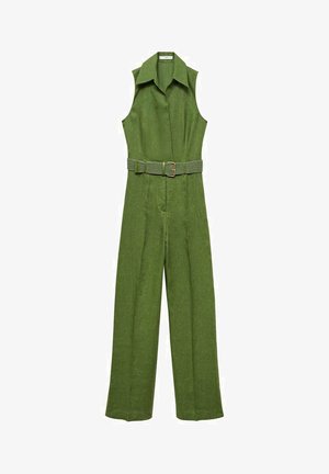 Zelený overal bez rukávov s golierom, opásaný v páse z texturovanej látky. Má široké nohavice a hladkú textúru.